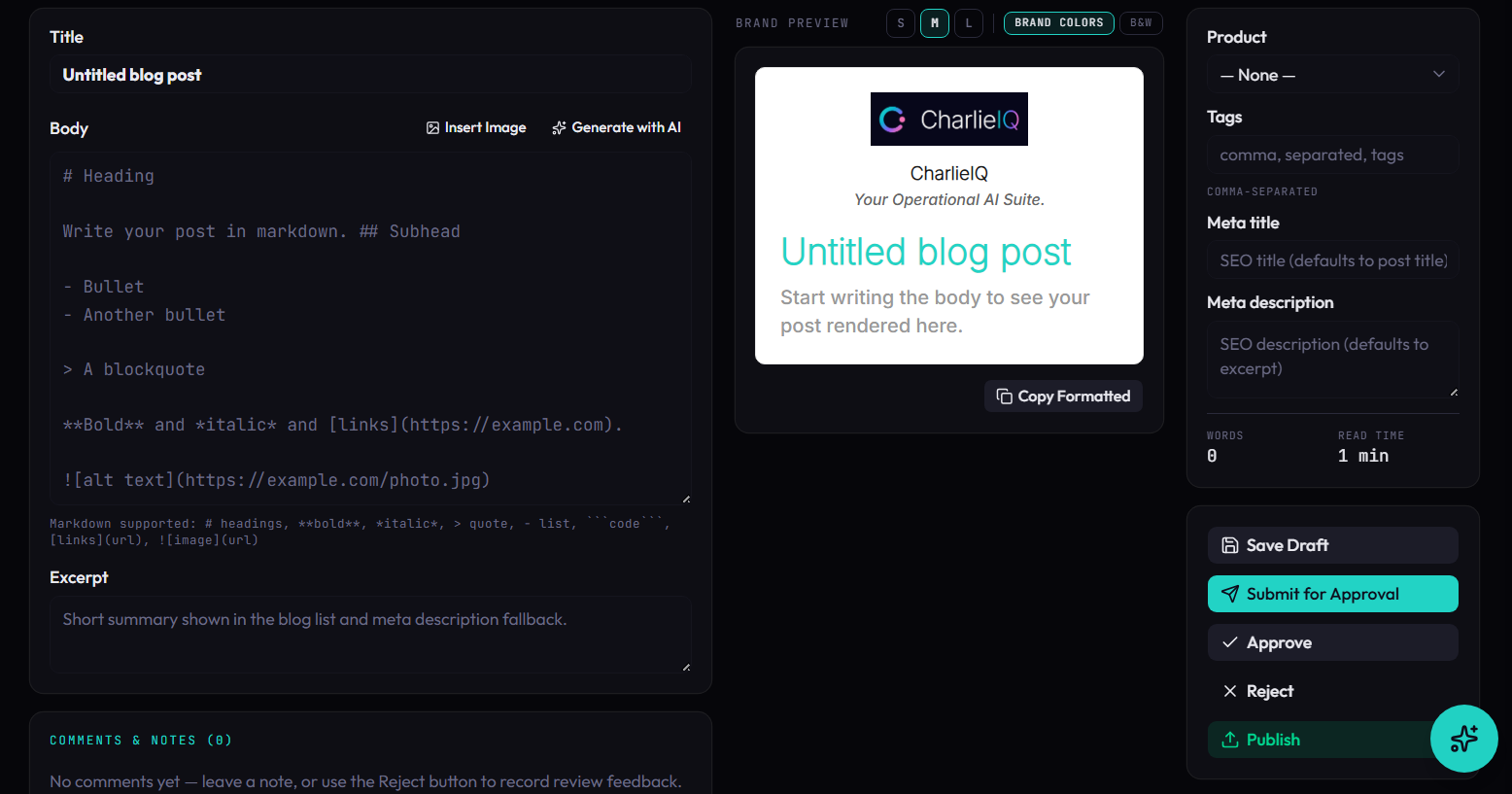 LaunchPad blog workflow: draft, submitted, approved, and published posts